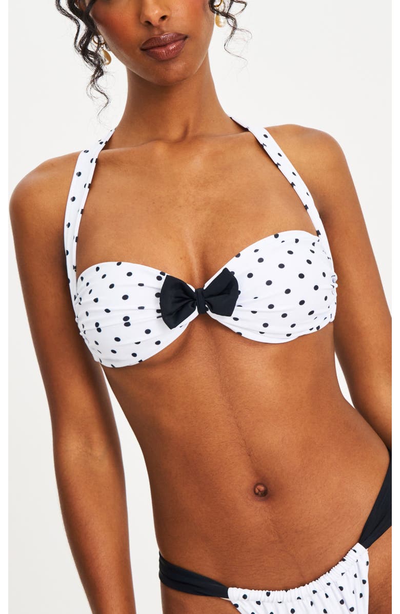 Miss Circle Olivea Polka Dot Bowtie Halter Bikini Top, Main, color, White