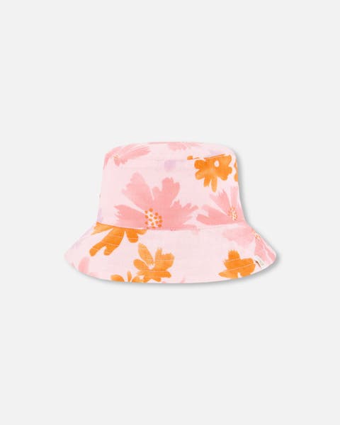 Baby Girl's Printed Muslin Bucket Hat Pink And Coral Flowers