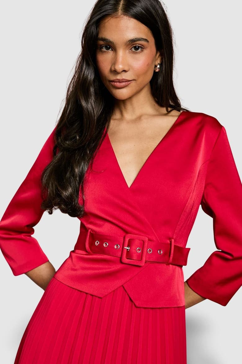 Satin Bodice Pleat Skirt Midi Dress, Alternate, color, Red
