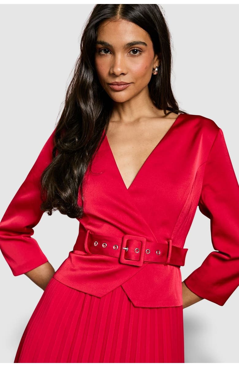 Coast Satin Bodice Pleat Skirt Midi Dress, Alternate, color, Red