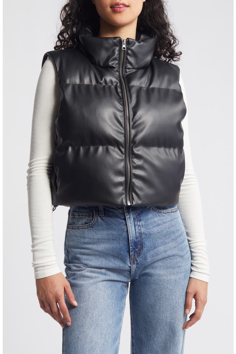 Faux Leather Crop Puffer Vest, Alternate, color, BLACK