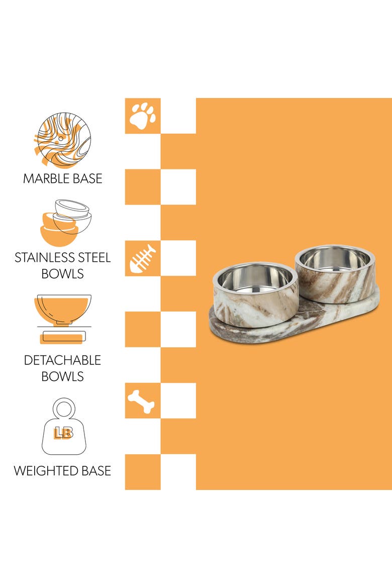 Marbre Modern Weighted Double Marble and Stainless Steel Bowl Feeder with Non-Slip Marble Tray Set, Alternate, color, Beige/Gray