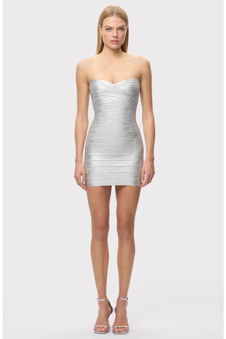 The Metallic Isla Strapless Bandage Dress, Alternate, color, SILVER FOIL