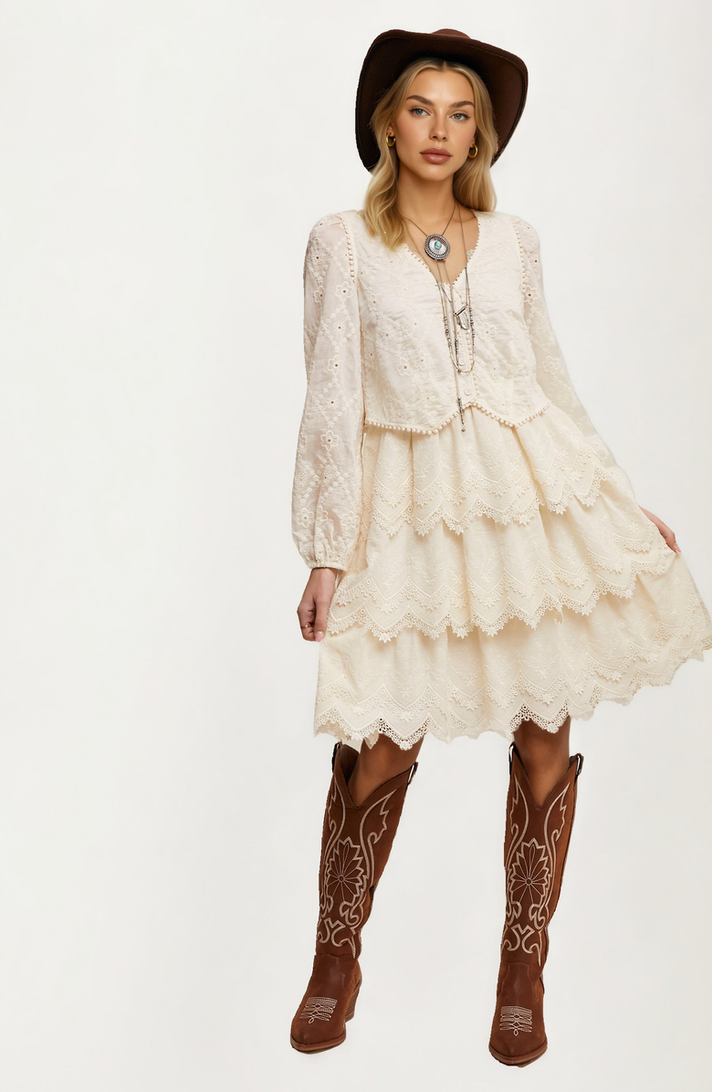 Knit and Lounge Tiered Scalloped Hem Long Sleeve Lace Dress, Alternate, color,