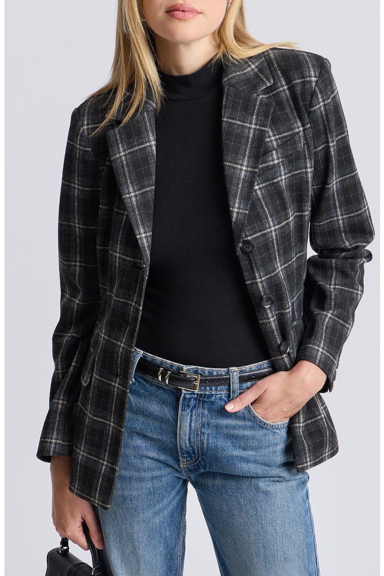 Knit Jacquard Single Breasted Hourglass Blazer, Main, color, BLACK GREY PLAID
