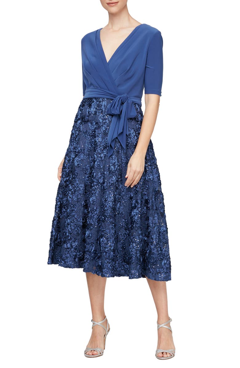 Alex Evenings Mixed Media Midi Formal Dress, Main, color,