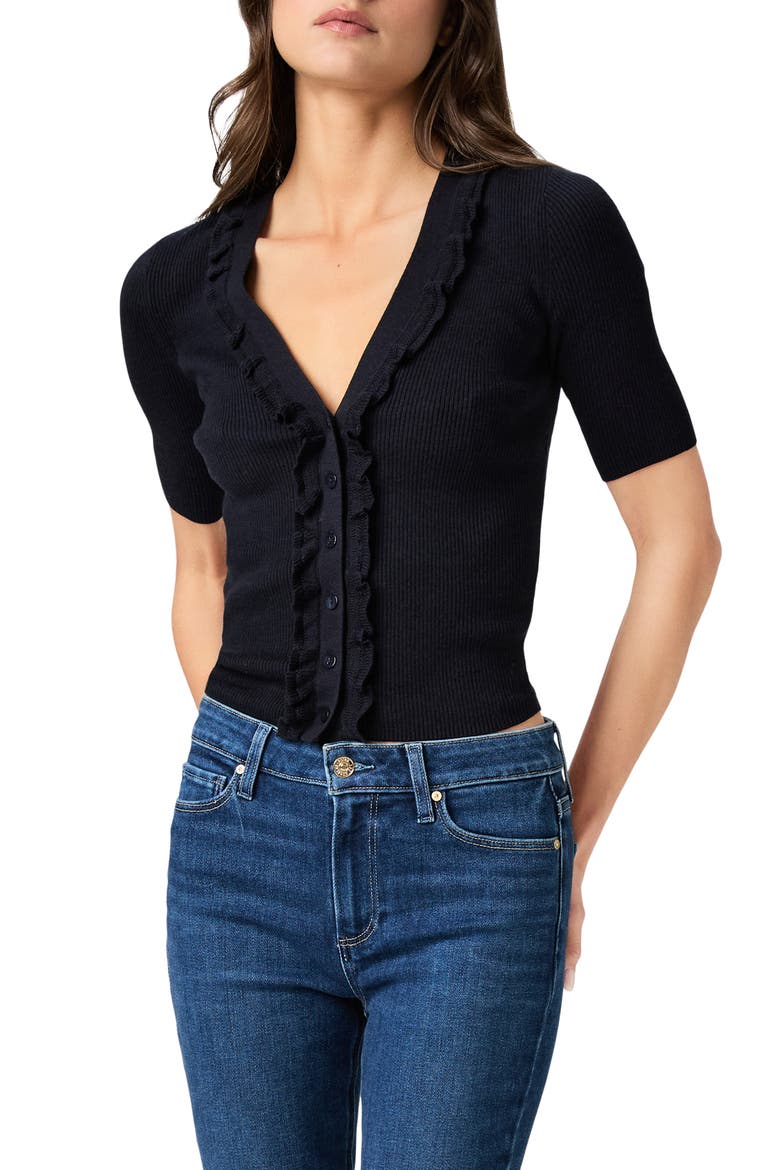 Demetra Ruffle Rib Short Sleeve Cardigan, Main, color, DEEP NAVY