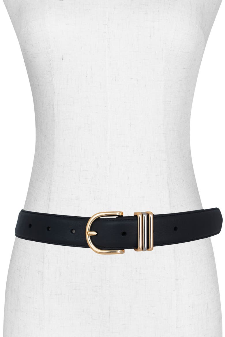 Triple Ring Leather Belt, Main, color, BLACK/ POLISHED GOLD
