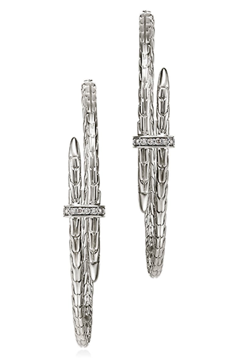 Large Spear Hoop Earrings, Silver, Diamonds, 45mm, Main, color, SILVER