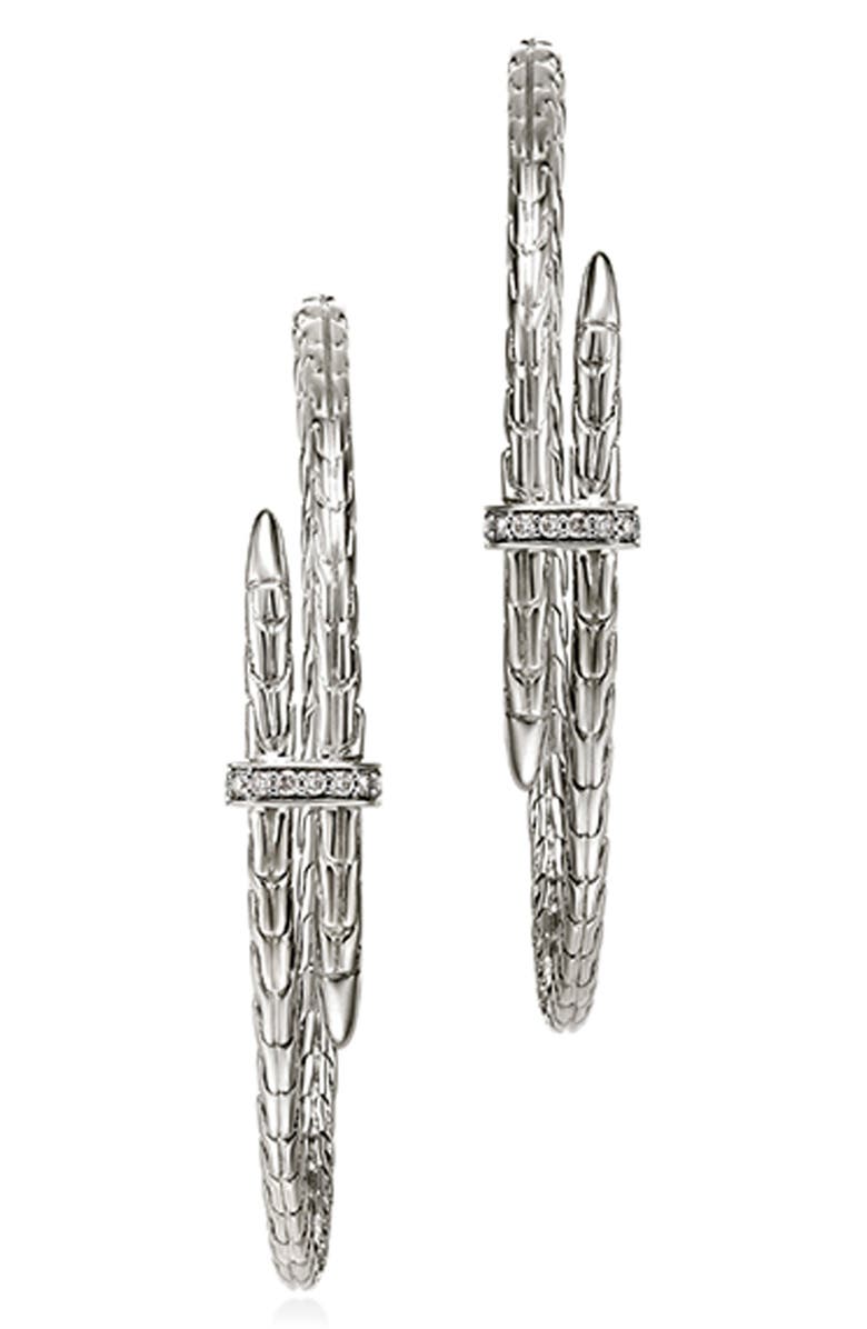 John Hardy Spear Hoop Earrings, Silver, Diamonds, 50mm, Main, color, Silver