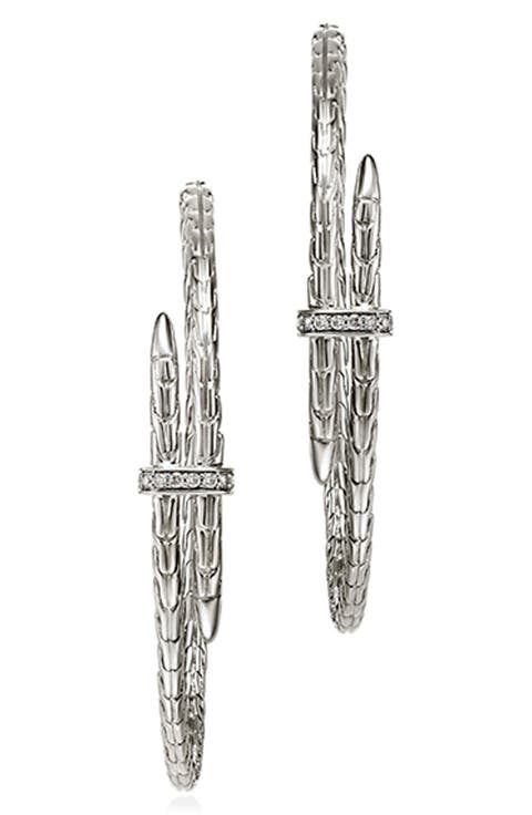 Spear Hoop Earrings, Silver, Diamonds, 50mm