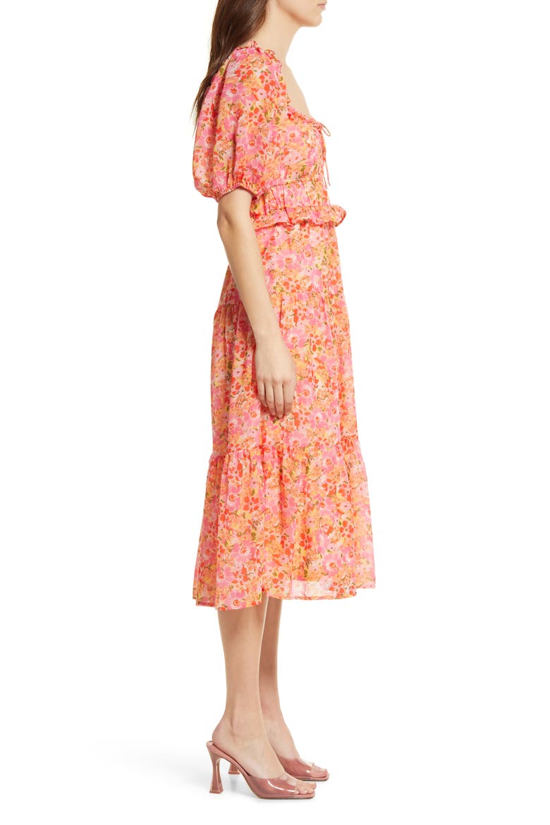 Women's Paloma Floral Print Tiered Midi Dress, Alternate, color, CORAL WATERCOLOR FLORAL
