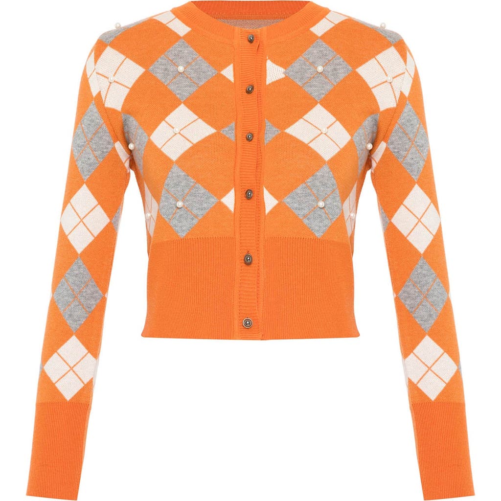 Theo The Label Women's Yellow / Orange Nomia Plaid Pearly Cardigan - Mandarine In Mandarine/gold
