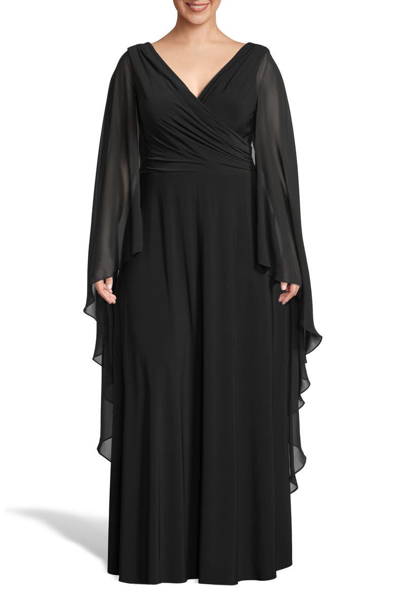 Xscape Side Ruched Long Sleeve Chiffon Gown, Alternate, color, BLACK