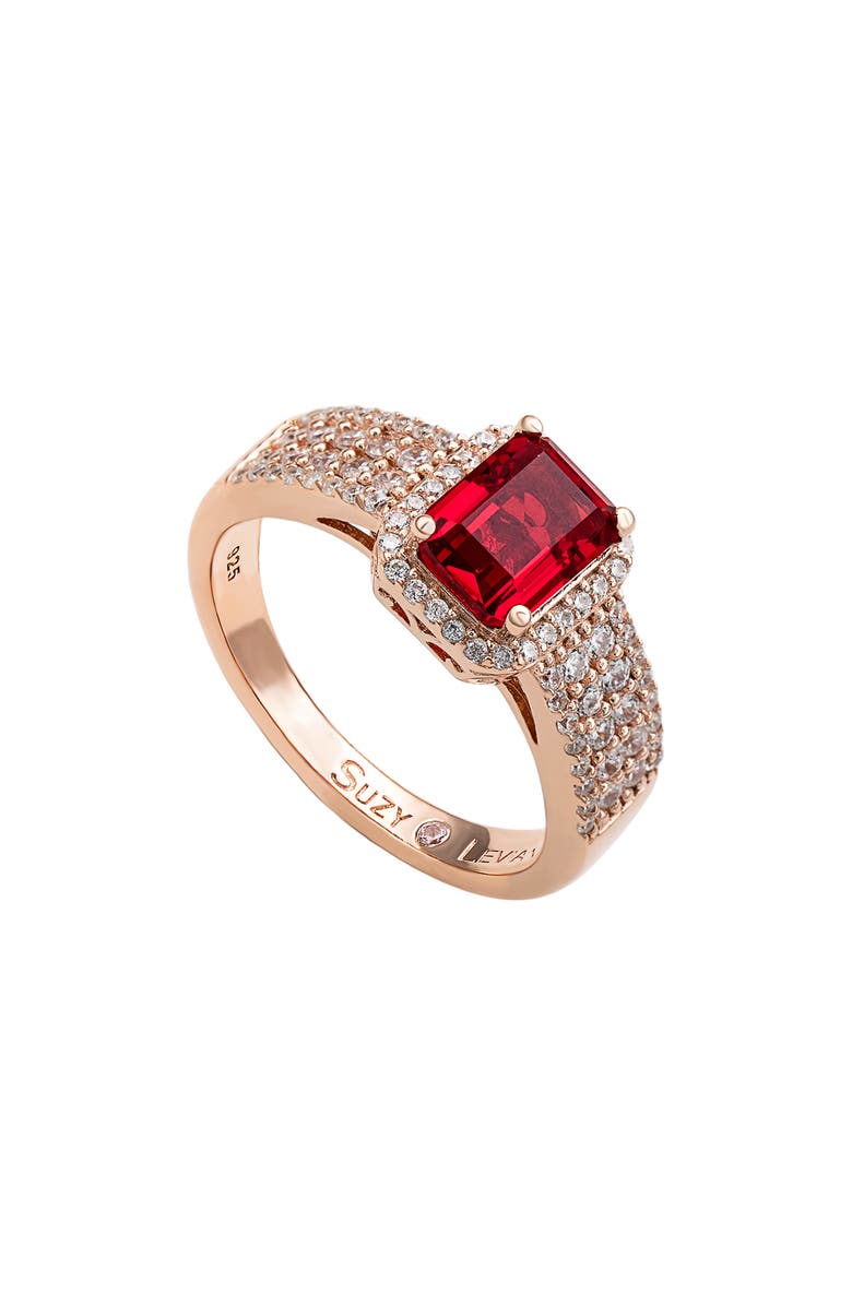 SUZY LEVIAN Emerald Cut Cubic Zirconia Halo Ring, Main, color, Red