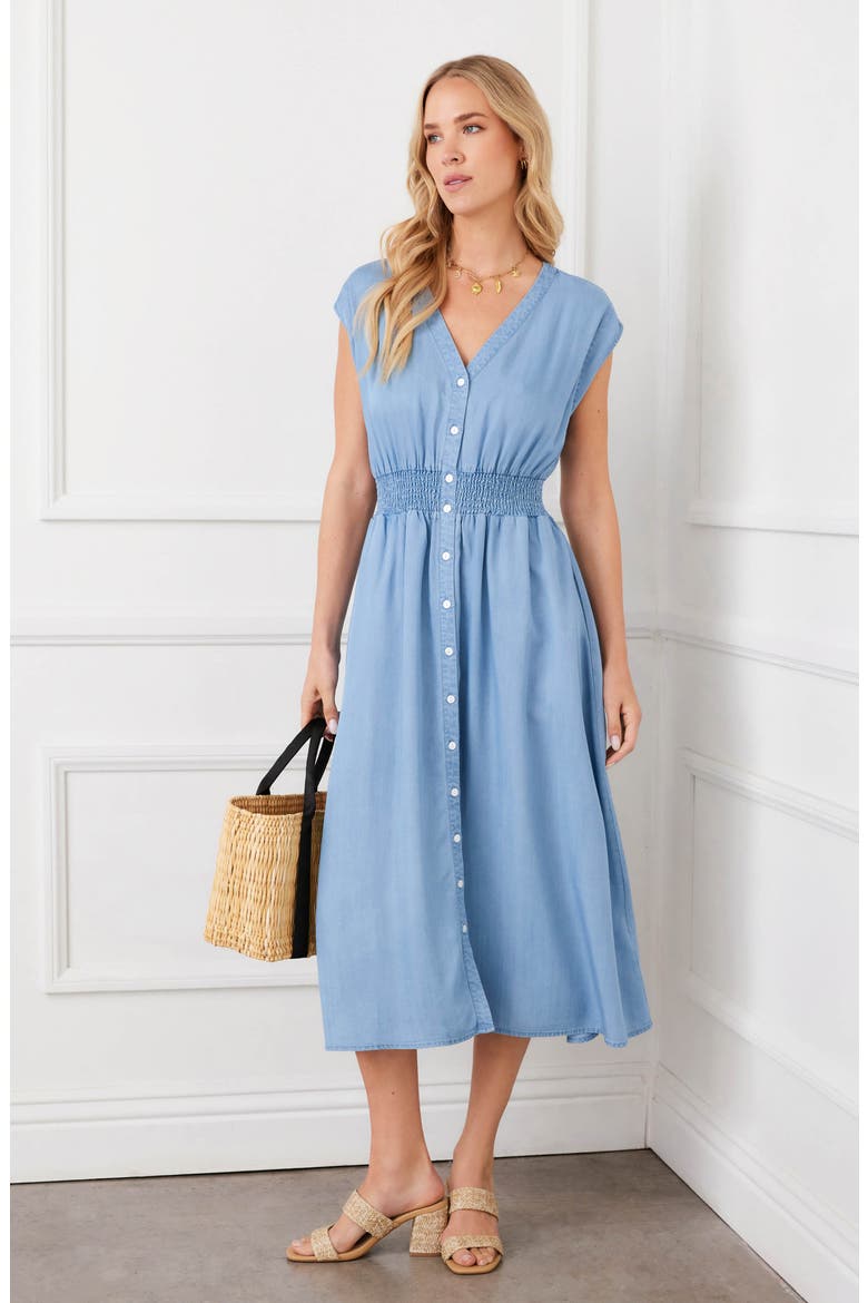 Smocked Waist Chambray Button-Up Midi Dress, Alternate, color, CHAMBRAY