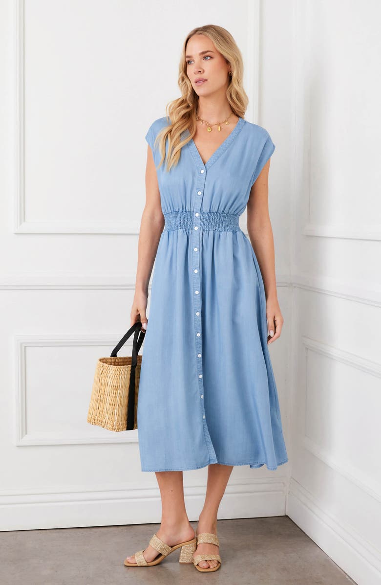 Karen Kane Smocked Waist Chambray Button-Up Midi Dress, Alternate, color, Chambray