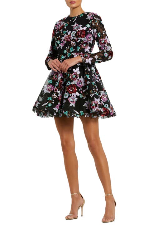High Neck Long Sleeve Sequin A Line Mini Dress