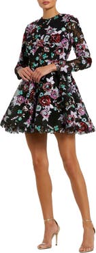 Mac Duggal High Neck Long Sleeve Sequin A Line Mini Dress