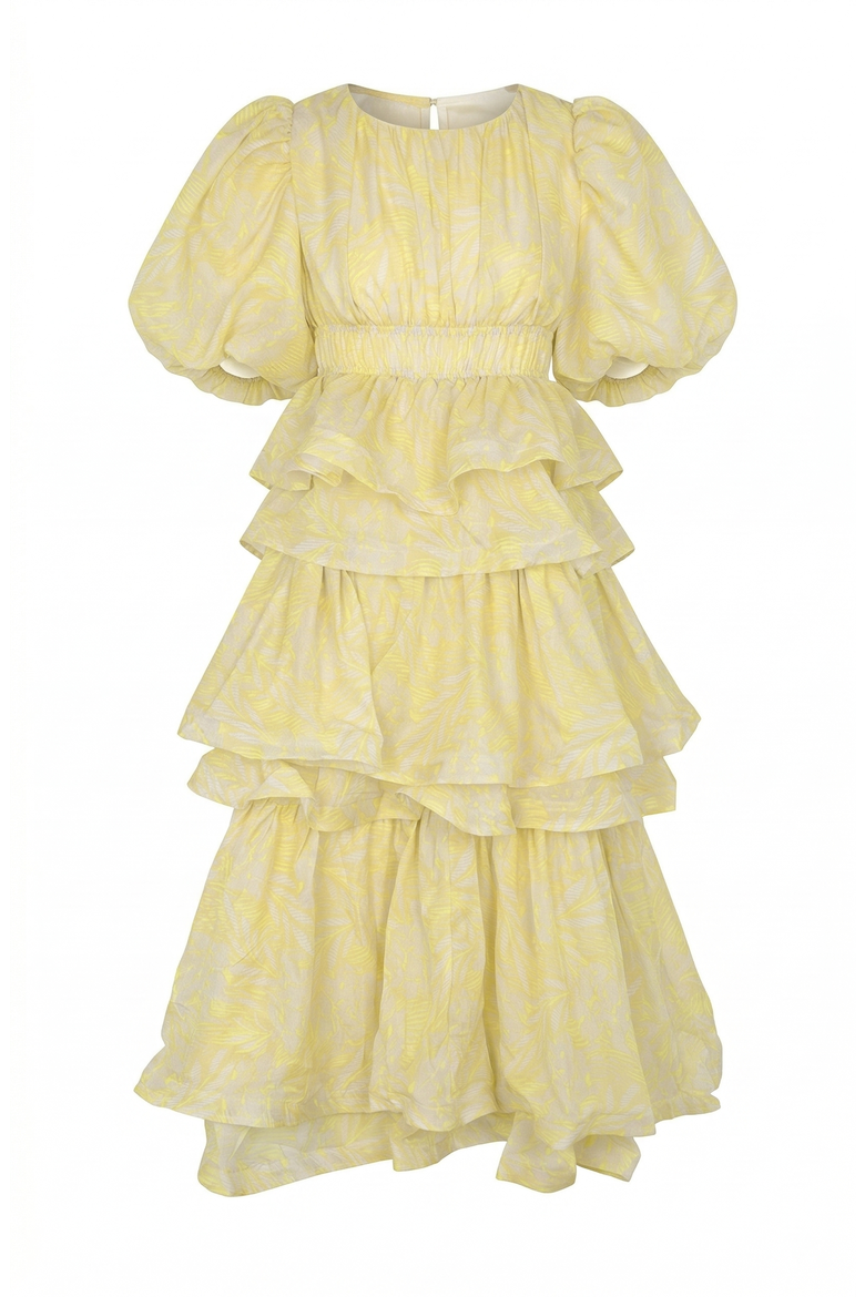 Puff Sleeve Tiered Ruffle Midi Dress, Alternate, color, Pale Yellow