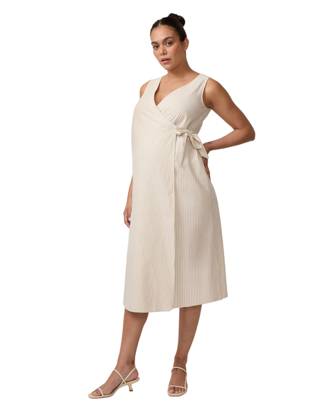Striped Linen Wrap Maternity Midi Dress