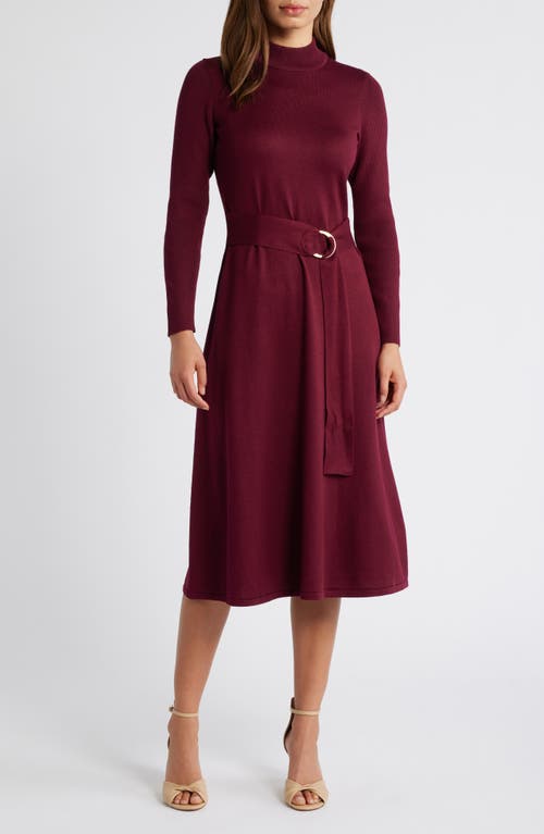 Julia Jordan Tie Belt Mock Neck Long Sleeve Dress in Wine 