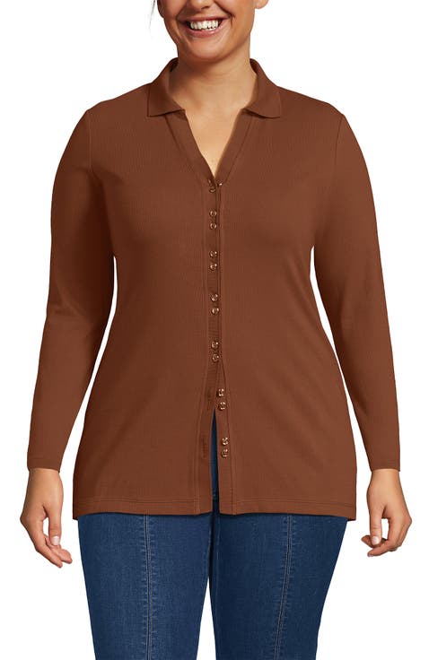 Plus Size Long Sleeve Polished Rib Button Through Tunic Shirt