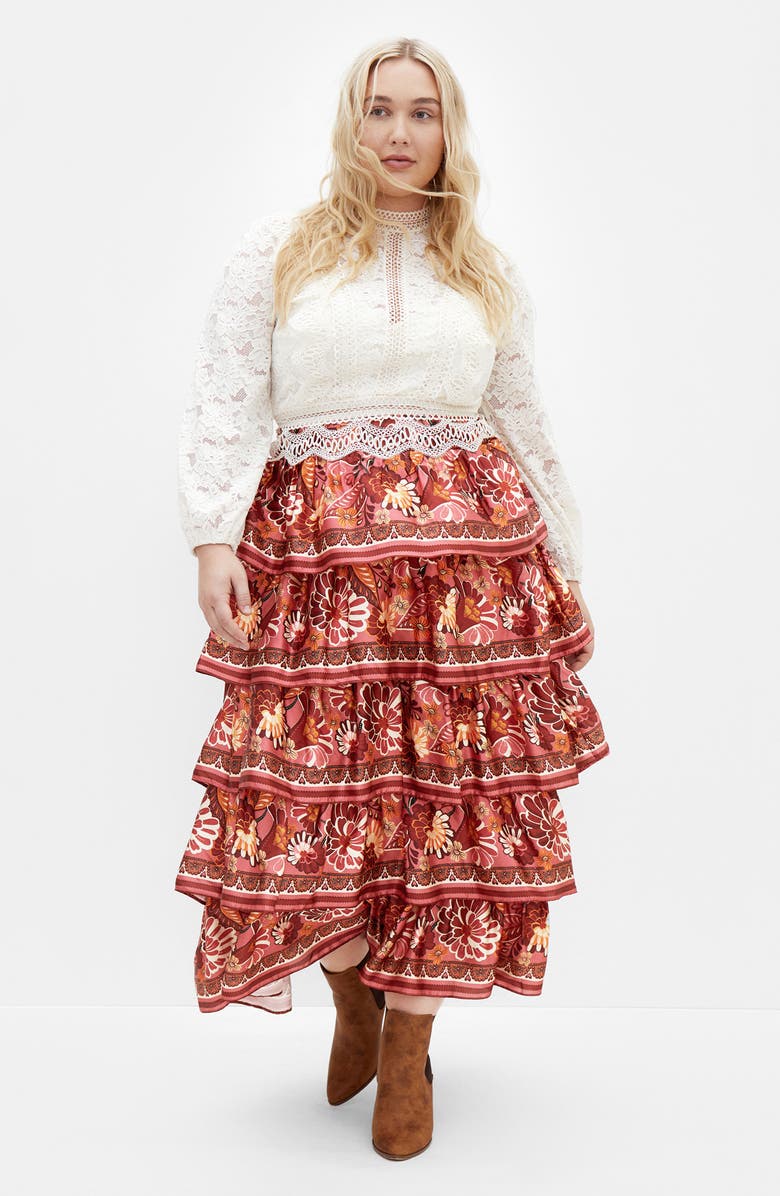 City Chic Allie Floral Tiered Skirt, Alternate, color, Rose Print