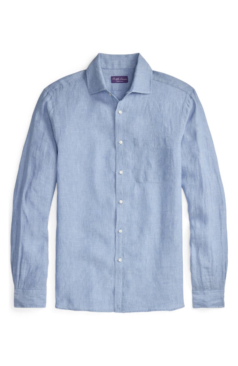 Ralph Lauren Purple Label Lightweight Linen Chambray Button-Up Shirt, Alternate, color, Infinity Blue