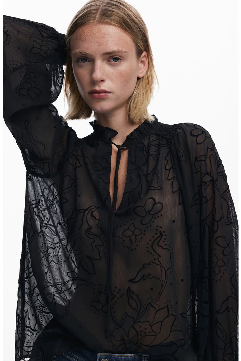Floral Split Neck Popover Top, Alternate, color, BLACK