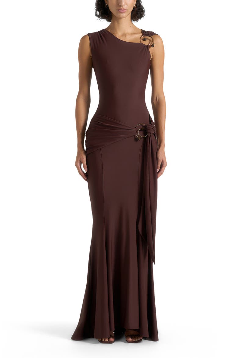 Rania Asymmetric Draped Midaxi Dress, Alternate, color, Brown