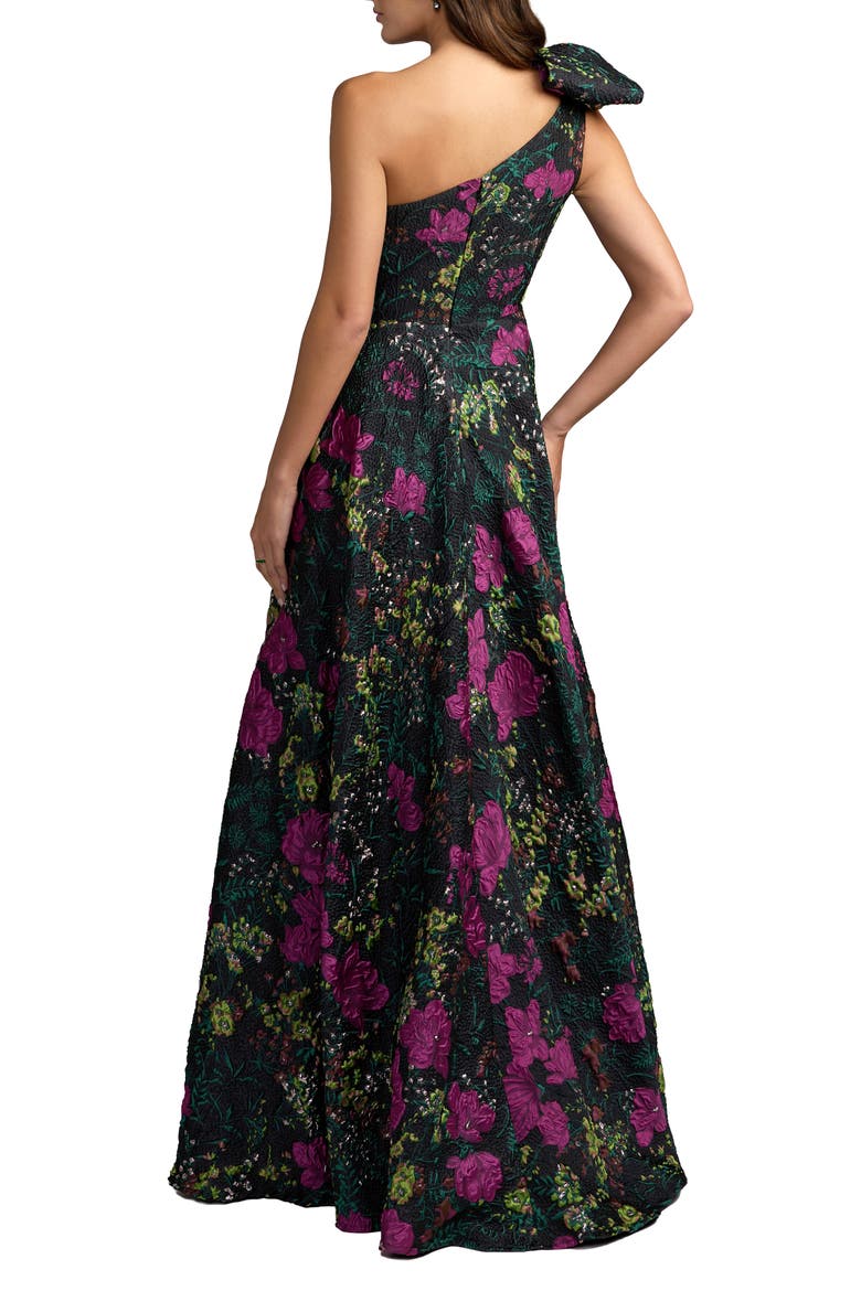 Petite One Shoulder Floral Brocade Ball Gown with Bow, Alternate, color, Black Multi