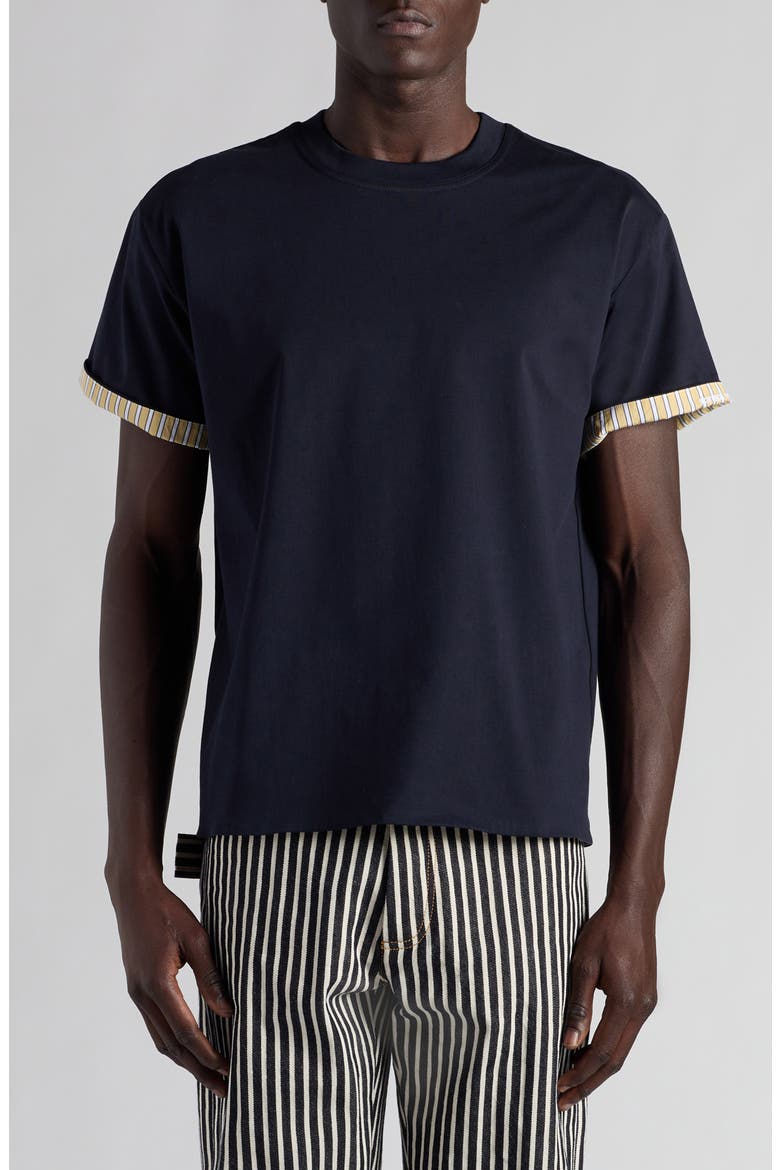 Contrast Lined Sleeve Cotton Jersey T-Shirt, Main, color, NAVY-YELLOW-WHITE