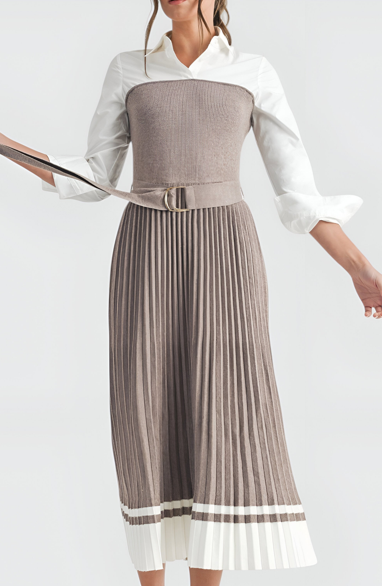 Modenaire Pleated Belted Shirt Collar Contrast Hem Midi Dress, Alternate, color, 