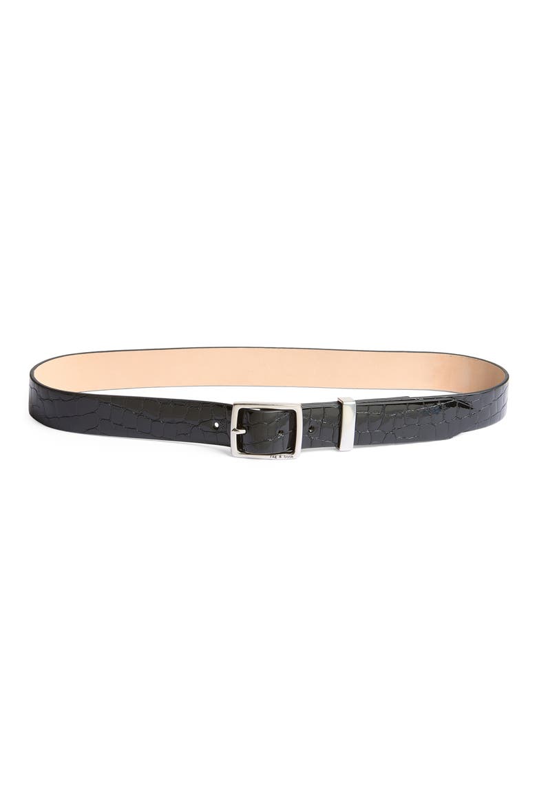 X Boyfriend Croc Embossed Leather Belt, Main, color, BLACK