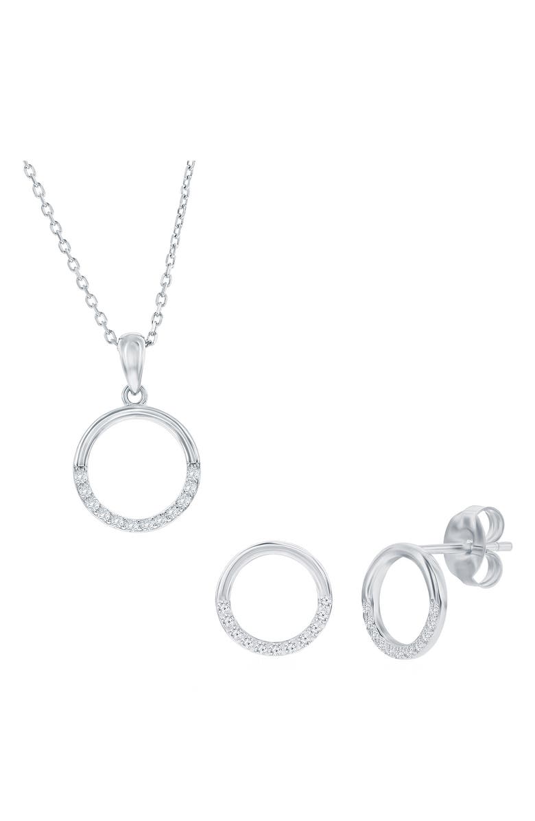 SIMONA Cubic Zirconia Circle Stud Earrings & Pendant Necklace Set, Main, color, Silver