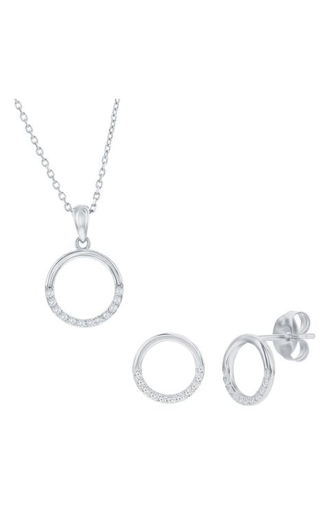 Cubic Zirconia Circle Stud Earrings & Pendant Necklace Set