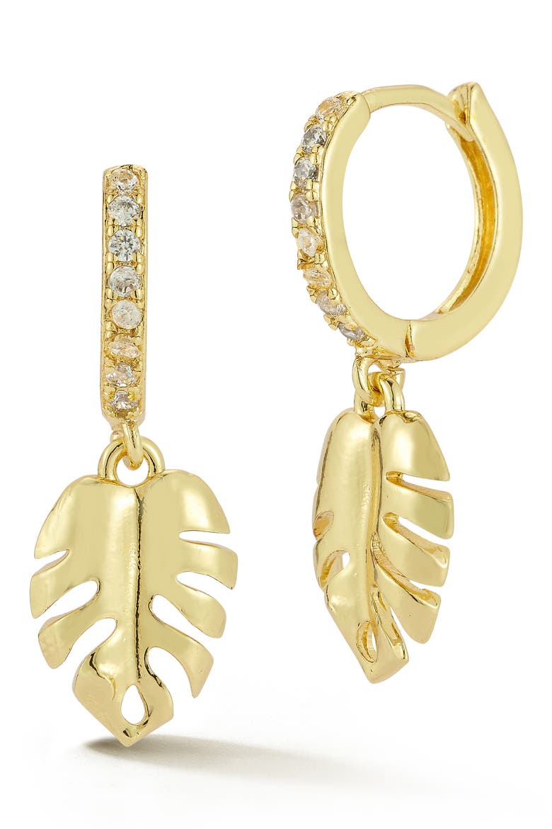 Cubic Zirconia Leaf Drop Huggie Hoop Earrings, Main, color, GOLD