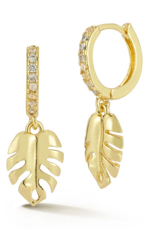 Cubic Zirconia Leaf Drop Huggie Hoop Earrings