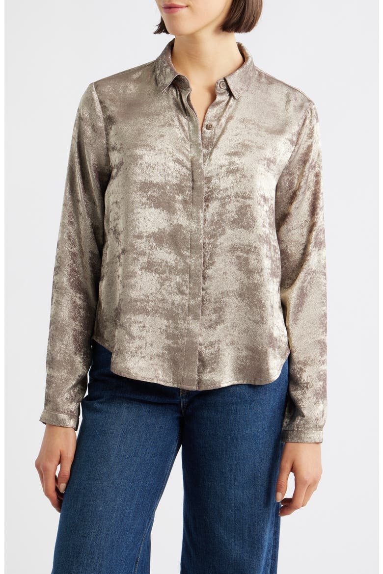 Hidden Placket Velvet Button-Up Blouse, Main, color, CHAMPAGNE FOIL