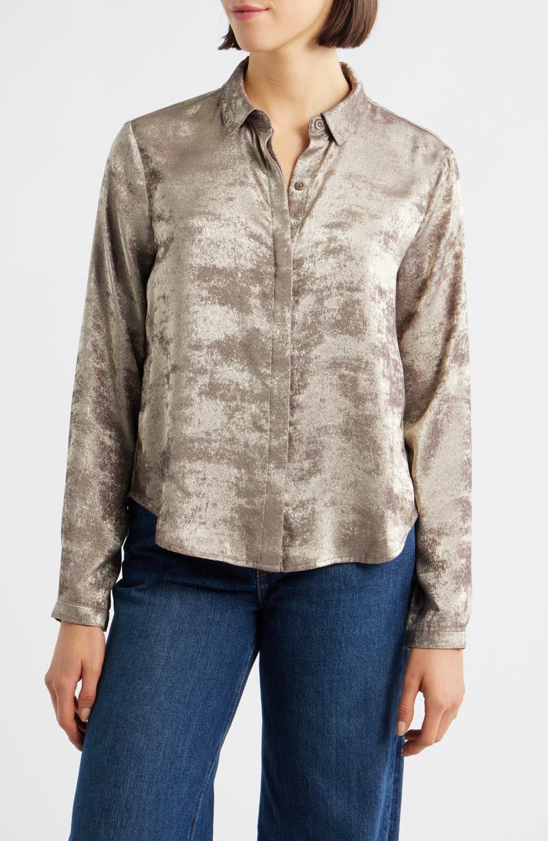 Cloth & Stone Hidden Placket Velvet Button-Up Blouse, Main, color, Champagne Foil