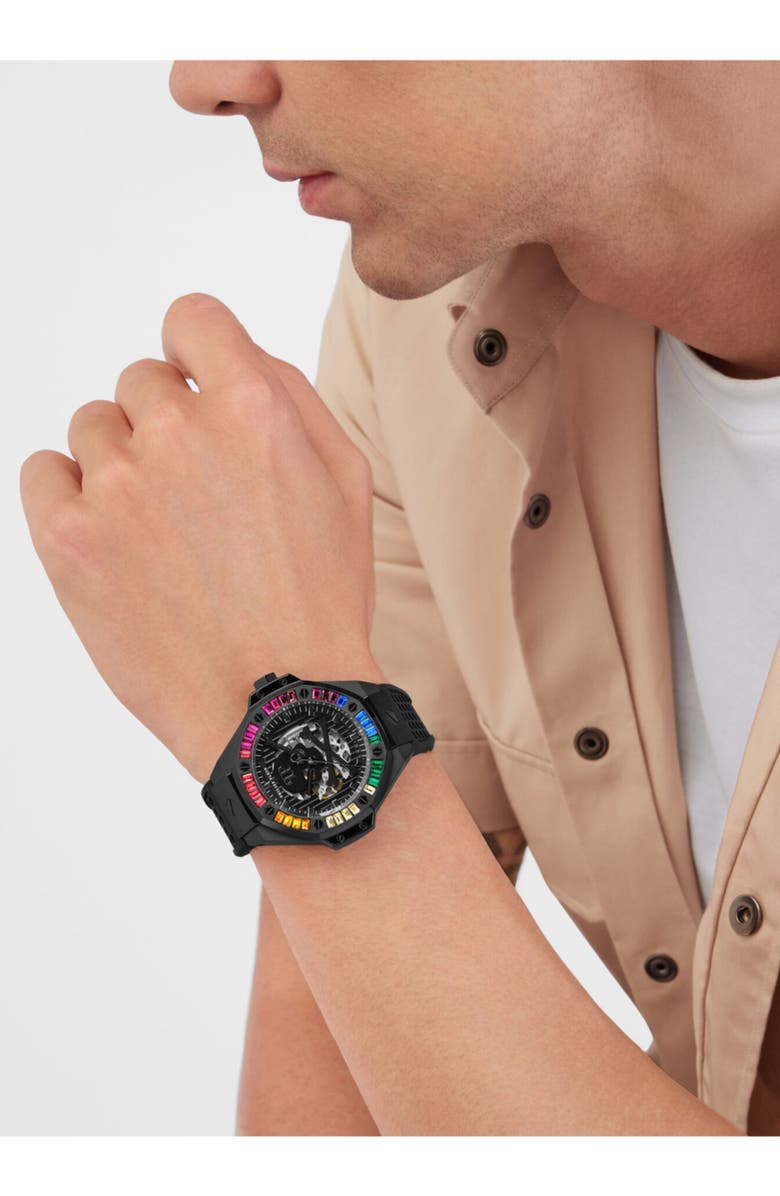 PHILIPP PLEIN $keleton Royal Silicone Strap Watch, 46mm, Alternate, color, Black