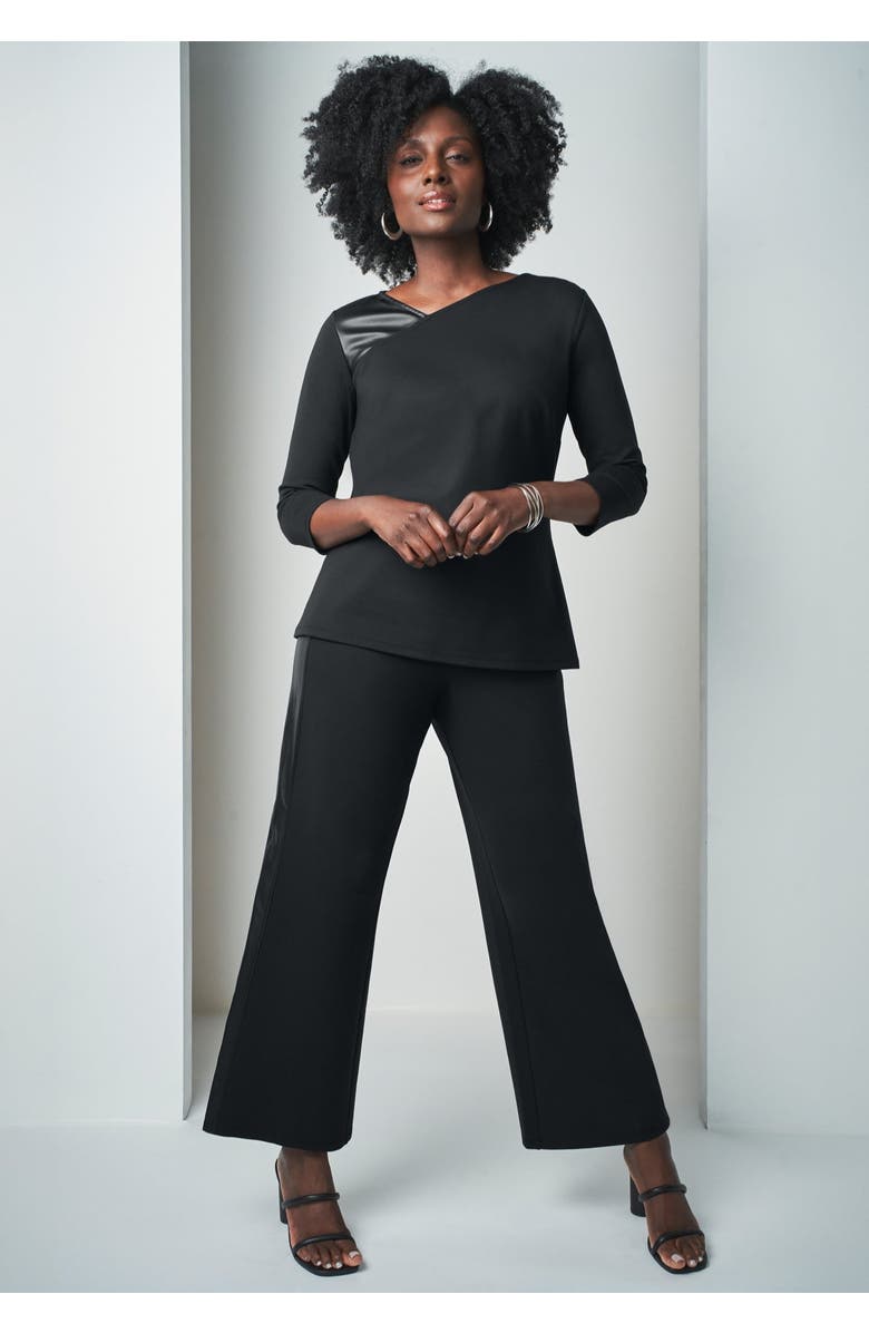 Jessica London Mixed Media Ponte Faux Leather Top, Alternate, color, Black