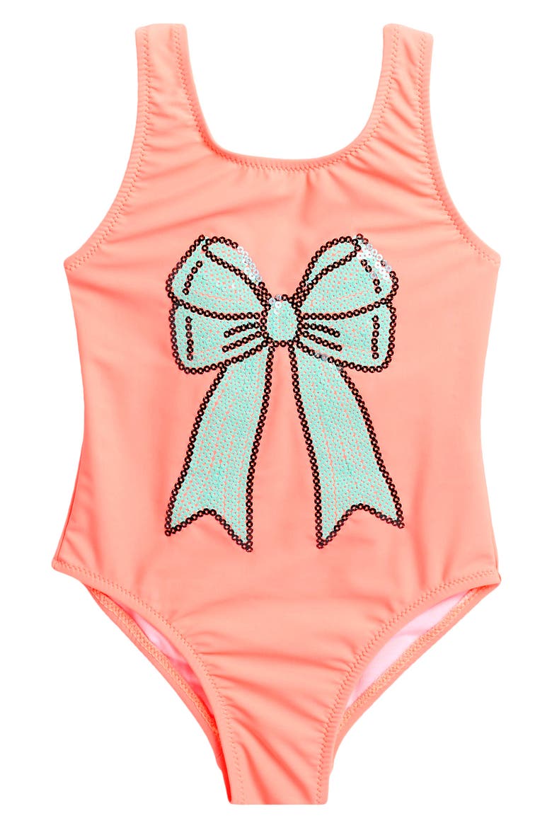 Kids' Sequin Bow One-Piece Swimsuit, Main, color, CORAL