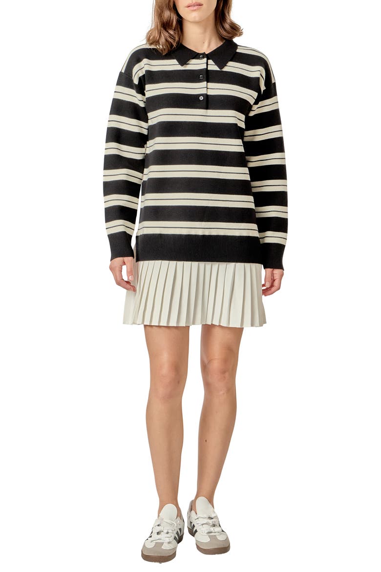 Stripe Mixed Media Long Sleeve Polo Dress, Main, color, BLACK/ CREAM