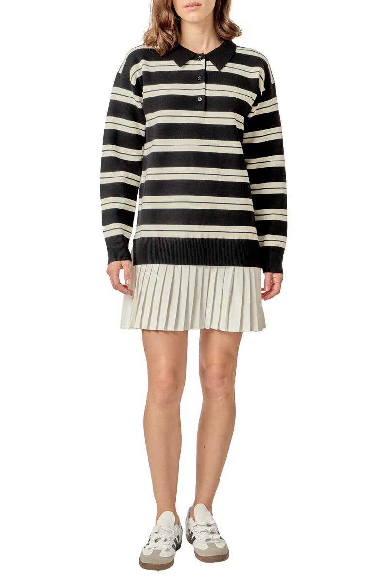 English Factory Stripe Mixed Media Long Sleeve Polo Dress, Main, color, Black/ Cream