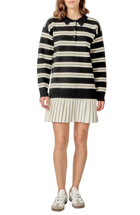 Stripe Mixed Media Long Sleeve Polo Dress