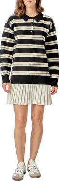 English Factory Stripe Mixed Media Long Sleeve Polo Dress