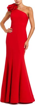 Mac Duggal Crepe One Shoulder Mermaid Gown With 3D Flower