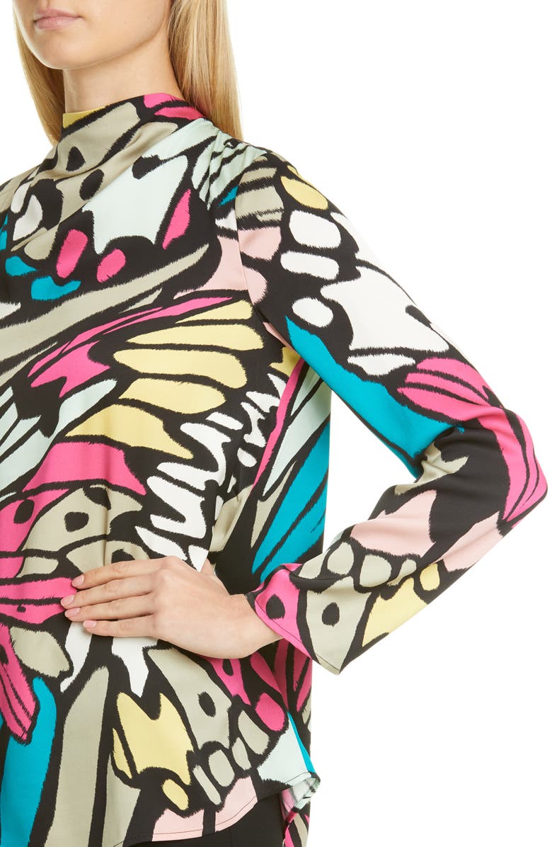 St. John Evening Monarch Butterfly Print Stretch Silk Blouse, Alternate, color, 